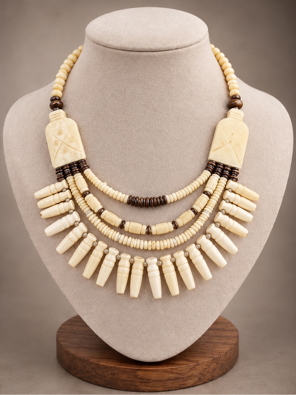 Vintage Monies Style Multi-Strand Carved Bone Statement Necklace